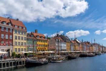 Copenhagen, Denmark - 13 June, 2021: view of the historic Nyhavn quarter in downtown Copenhagen