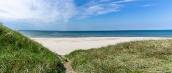 A hiking trail leads through tall grassy sand dunes to a secluded and empty white sand beach with a calm turquoise ocean behind
