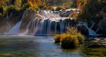 A view of the Skradinksi Buk waterfall in the Krka national park in Croatia during autumn