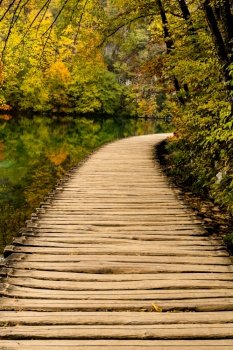 a rustic wooden boardwalk leading along the shores of a picturesque mountain lake with trees and foliage in intense fall colors