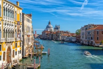 Venice, Italy - 15 October, 2021: view of the Canale Grande in central Venice with many boats travelling about