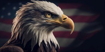 Eagle portrait on american flag. Generative Ai image. Eagle portrait on american flag