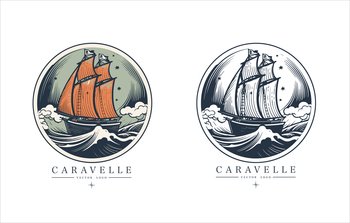 Caravelle on the water Logo vintage emblem. Old retro vector illustration marine navy icon. Caravelle on the water Logo vintage emblem. Old retro vector illustration marine navy icon.