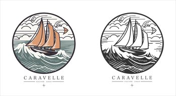 Caravelle on the water Logo vintage emblem. Old retro vector illustration marine navy icon. Caravelle on the water Logo vintage emblem. Old retro vector illustration marine navy icon.