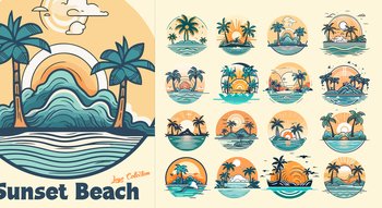 Summer beach island with palm trees in the ocean. Vector emblem of travel, holiday, resort. Vector Logo collection. Summer beach island with palm trees in the ocean. Vector emblem of travel, holiday, resort. Vector Logo collection.