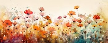 Abstract autumn colors flower meadow on watercolor paper background. Floral Banner concept. Generative AI.