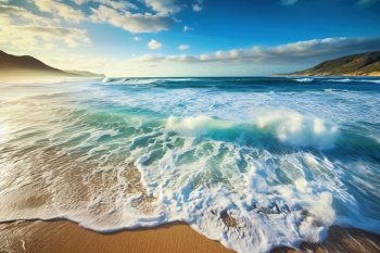 Paradise beach with beautiful waves. Generative AI