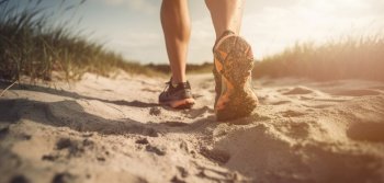 Man trail runner walking on the beach path with close up of trail running shoes. Generative AI.
