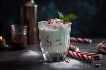 A chilly, peppermint-infused cocktail, featuring a creamy, white chocolate liqueur-based drink, served in a frosty glass with a candy cane set against a snowy, holiday-inspired backdrop. Generative Ai