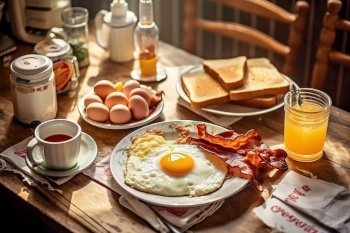 A classic, American diner breakfast, featuring sunny side up eggs, hash browns, crispy bacon, and thick slices of buttered toast, served on a retro, vintage-style table setting. Generative AI