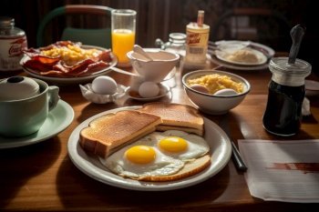 A classic, American diner breakfast, featuring sunny side up eggs, hash browns, crispy bacon, and thick slices of buttered toast, served on a retro, vintage-style table setting. Generative AI