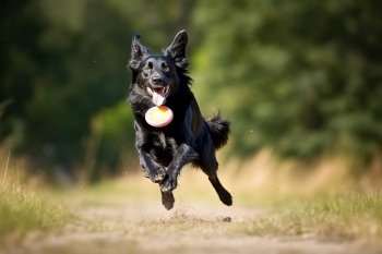 A playful, action shot of a dog happily catching a toy ball, capturing the canine’s energy, agility, and love for playtime on white background. Generative AI