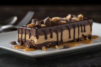 A gourmet peanut butter and chocolate dessert, featuring a rich, chocolate cake, layered with silky, smooth peanut butter, set in an elegant, indulgent atmosphere. Generative AI.