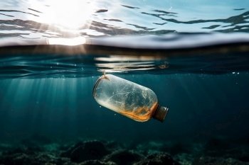 Plastic bottles and plastic bags floating in ocean. Ocean pollution ecology concept. Generative AI.
