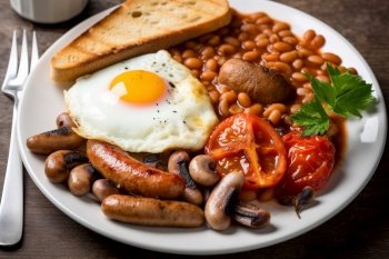 A hearty, full English breakfast, featuring eggs, sausages, grilled tomatoes, mushrooms, baked beans, and toast. Generative AI.