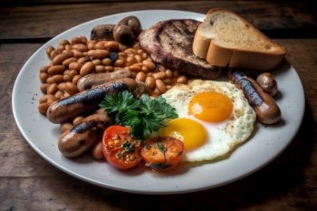 A hearty, full English breakfast, featuring eggs, sausages, grilled tomatoes, mushrooms, baked beans, and toast. Generative AI.