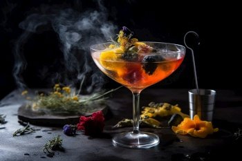 Molecular mixology presentation, capturing an innovative, experimental cocktail with unique ingredients. Generative AI.