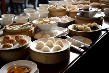 A lively, bustling dim sum experience, showcasing an array of steamed and fried dumplings, buns, and other small plates. Set in an authentic, Chinese restaurant. Generative AI.