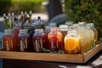 A refreshing, BBQ beverage display, showcasing a selection of ice-cold drinks, such as lemonade, iced tea, craft beers, set against a vibrant, summery backdrop. Generative AI