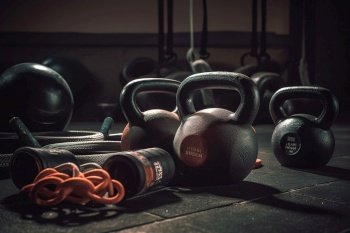 A close-up shot of gym equipment, such as dumbbells, resistance bands, or kettlebells, highlighting the variety of tools available for different workout styles. Generative AI