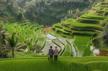 A couple standing on a rice terrace, embracing with the verdant, lush terraces cascading down the hillside behind them. The terraces are flooded of water, reflecting the morning sky. Generative AI