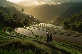 A couple standing on a rice terrace, embracing with the verdant, lush terraces cascading down the hillside behind them. The terraces are flooded of water, reflecting the morning sky. Generative AI