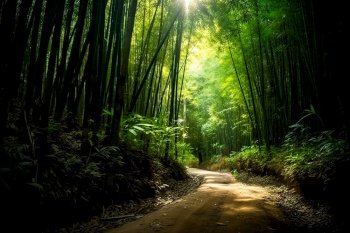A winding road through a bamboo forest. Dense forest road, silence and harmony amid the bamboo. Generative AI.
