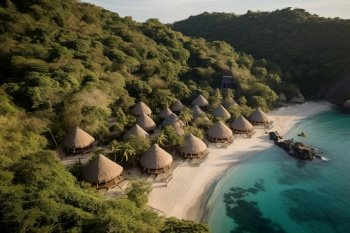 Aerial view of a resort built entirely of sustainable materials, woven bamboo huts dotting the hillside, overlooking turquoise blue bays and white sand beaches. Eco-friendly travel. Generative AI