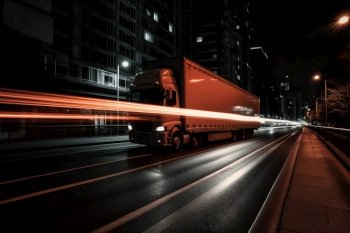 A truck speeding in the city at night. Taillights giving a speed impression. Generative Ai