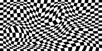Distorted chess board background. Checkered optical illusion. Psychedelic pattern with warped black and white squares. Race flag texture. Trippy checkerboard surface. Vector illustration. Distorted chess board background. Checkered optical illusion. Psychedelic pattern with warped black and white squares. Race flag texture. Trippy checkerboard surface