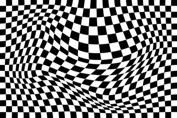Distorted chequered chessboard background. Vaporing, stretching, deeping effect. Psychedelic pattern with warped black and white squares. Race flag texture. Trippy checkerboard. Vector illustration. Distorted chequered chessboard background. Vaporing, stretching, deeping effect. Psychedelic pattern with warped black and white squares. Race flag texture. Trippy checkerboard