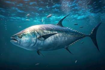 Close big bluefin tuna fish swimming in clear ocean water, digital illustration painting, Generative AI