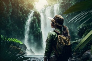 Girl in front of a waterfall in a jungle, adventure, digital illustration painting, Generative AI