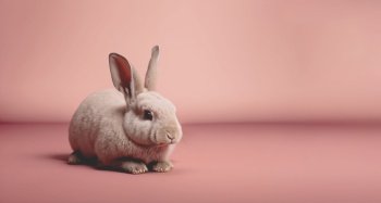 Cute little rabbit sitting on uniform pink floor background. Generative AI.. Cute little rabbit sitting on uniform pink floor background. Generative AI