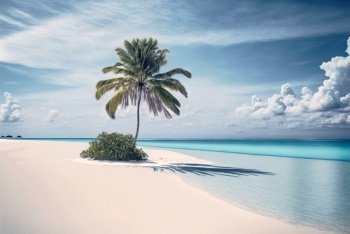 One palm on a empty white beach. Idyllic tropical seascape. Paradise beach. Generative AI.. One palm on a empty white beach. Idyllic tropical seascape. Paradise beach. Generative AI