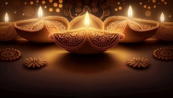 Diya lit lamps on rangoli. Diwali celebration concept. Generative AI.. Diya lit lamps on rangoli. Diwali celebration concept. Generative AI