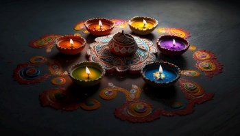 Diya lit lamps on rangoli. Diwali celebration concept. Generative AI.. Diya lit lamps on rangoli. Diwali celebration concept. Generative AI
