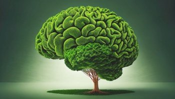 Green tree in form of human brain. Green thinking concept. Generative AI.. Green tree in form of human brain. Green thinking concept. Generative AI