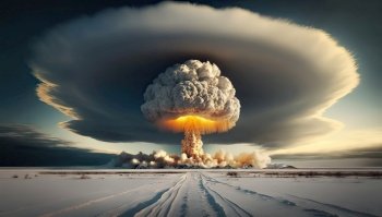 Nuclear explosion in the arctic snow fields. Nuke bomb mushroom radioactive cloud. Generative AI.. Nuclear explosion in the arctic snow fields. Nuke bomb mushroom radioactive cloud. Generative AI 