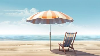 Beach chair and umbrella on beautiful beach. Sunny day on a ocean shore. Travel paradise concept. Generative AI.. Beach chair and umbrella on beautiful beach. Sunny day on a ocean shore. Travel paradise concept. Generative AI