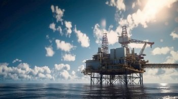 Oil rig in the sea on a sunny day with blue sky. Offshore oil drilling. Generative AI.. Oil rig in the sea on a sunny day with blue sky. Offshore oil drilling. Generative AI