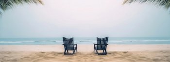Two beach chair on beautiful tropical beach. Travel paradise concept. Generative AI.. Two beach chair on beautiful tropical beach. Travel paradise concept. Generative AI