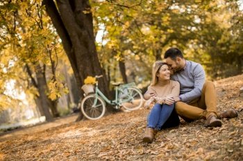 Cheerfull young couple sitting on ground in autumn park