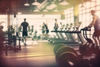 Blurred gym background with people exercising, created with generative AI