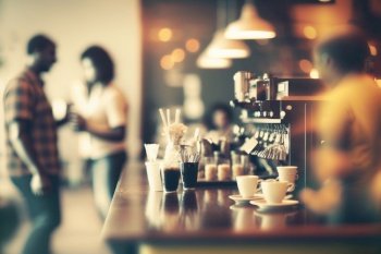 Blurred background image of coffee shop. Business people on break, created with genertive AI