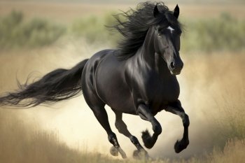Beautiful black horse running in the field, created with generative AI