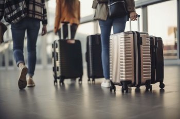 travelers on airport walking with cases , focus on wheels. Created with generative AI