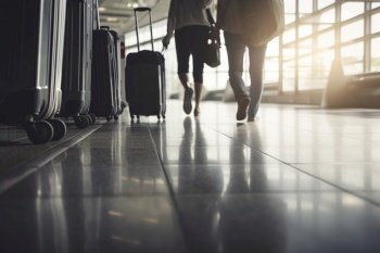 travelers on airport walking with cases , focus on wheels. Created with generative AI