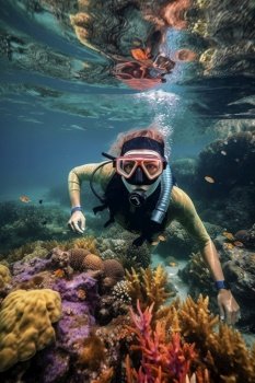 Snorkel diving at the tropical coral reef, created with generative AI