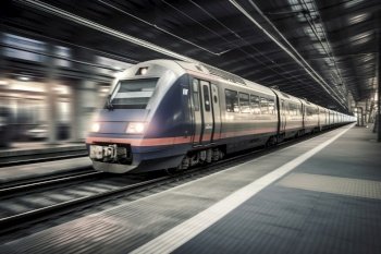 Fast moving train in station, created with generative AI